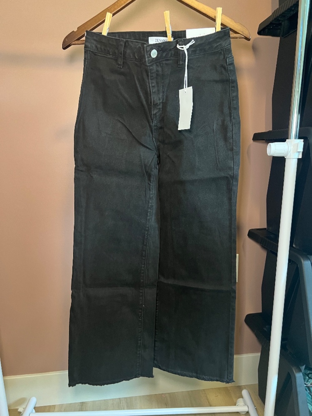 Black Acid Wash Frayed Hem Cropped Wide Leg Pants